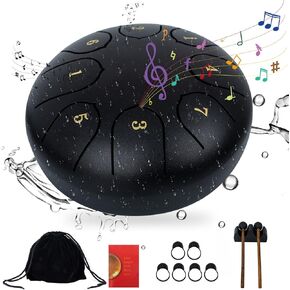 Steel Tongue Drum, 6 Inch 8 Notes Rain Drum Instruments with Bag, Drumsticks, Music Book, Finger Paddles, Mallet Holder, for Meditation, Yoga and Sound Healing Gifts-Black