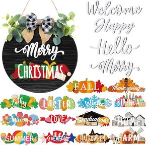 20 Pcs Interchangeable Welcome Sign Interchangeable Wooden Seasonal Hello Sign Rustic Round Seasonal Wreaths for Front Door Porch Wall Decor Fall Christmas Wall Decor (White and Brown)