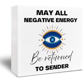 Inspirational Evil Eye Wooden Signs - Inspirational Desk Signs 5x5, May All Negative Energy Be Returned to Sender Wood Sign for Home Farmhouse Office Shelf Decor