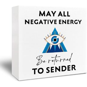 Inspirational Evil Eye Wooden Signs - Inspirational Desk Signs 5x5, May All Negative Energy Be Returned to Sender Wood Sign for Home Farmhouse Office Shelf Decor