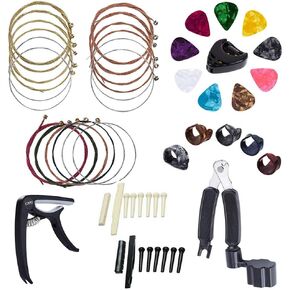 Guitar Accessory Kit, 34Pcs Guitar Accessory Kit Guitar Picks Transposition Clamp Acoustic Guitar Strings Bridge Pins Bone Strings