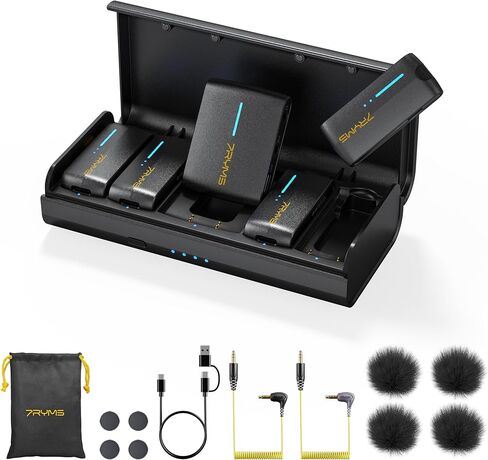 iRay DW40 4-Channel Wireless Lavalier Microphone - Quad Transmitter, 48KHz/24 Bit, 656ft Range, Noise-Canceling Wireless Mic for iPhone, Android, Camera Multi-Person Video Recording(Black) in Kuwait