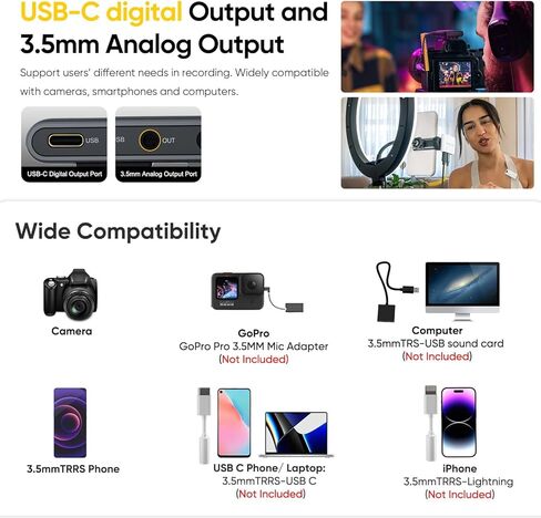 iRay DW40 4-Channel Wireless Lavalier Microphone - Quad Transmitter, 48KHz/24 Bit, 656ft Range, Noise-Canceling Wireless Mic for iPhone, Android, Camera Multi-Person Video Recording(Black) in Kuwait