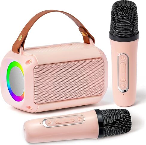 MALLMALL6 Mini Karaoke Machine with 2 Wireless Microphone for Kids Portable Bluetooth 5.3 Karaoke Mic LED Color Lights Speaker Christmas Birthday Family Home Party Toys Gift for Boys Girls Pink in Saudi Arabia
