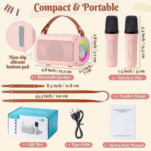 MALLMALL6 Mini Karaoke Machine with 2 Wireless Microphone for Kids Portable Bluetooth 5.3 Karaoke Mic LED Color Lights Speaker Christmas Birthday Family Home Party Toys Gift for Boys Girls Pink in Saudi Arabia