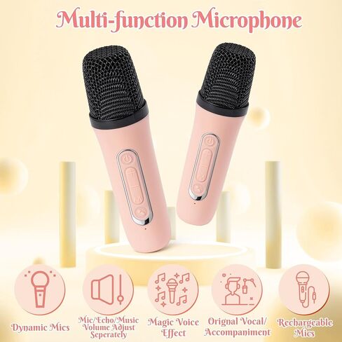 MALLMALL6 Mini Karaoke Machine with 2 Wireless Microphone for Kids Portable Bluetooth 5.3 Karaoke Mic LED Color Lights Speaker Christmas Birthday Family Home Party Toys Gift for Boys Girls Pink in Saudi Arabia