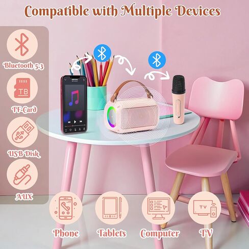 MALLMALL6 Mini Karaoke Machine with 2 Wireless Microphone for Kids Portable Bluetooth 5.3 Karaoke Mic LED Color Lights Speaker Christmas Birthday Family Home Party Toys Gift for Boys Girls Pink in Saudi Arabia