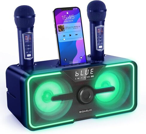 آلة كاريوكي BIGASUO للبالغين والأطفال مكبر صوت بلوتوث محمول مع 2 ميكروفونات لاسلكية UHF أضواء LED نظام الغناء PA للمنزل وحفلات الزفاف والكنيسة والنزهة الخارجية/الداخلية KA215 in Kuwait