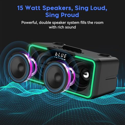 آلة كاريوكي BIGASUO للبالغين والأطفال مكبر صوت بلوتوث محمول مع 2 ميكروفونات لاسلكية UHF أضواء LED نظام الغناء PA للمنزل وحفلات الزفاف والكنيسة والنزهة الخارجية/الداخلية KA215 in Kuwait