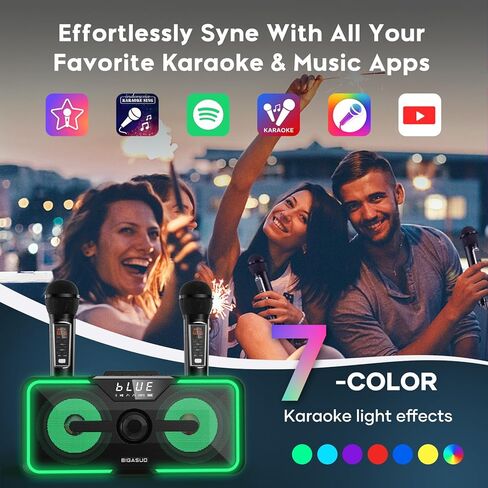آلة كاريوكي BIGASUO للبالغين والأطفال مكبر صوت بلوتوث محمول مع 2 ميكروفونات لاسلكية UHF أضواء LED نظام الغناء PA للمنزل وحفلات الزفاف والكنيسة والنزهة الخارجية/الداخلية KA215 in Kuwait