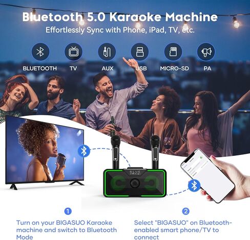 آلة كاريوكي BIGASUO للبالغين والأطفال مكبر صوت بلوتوث محمول مع 2 ميكروفونات لاسلكية UHF أضواء LED نظام الغناء PA للمنزل وحفلات الزفاف والكنيسة والنزهة الخارجية/الداخلية KA215 in Kuwait