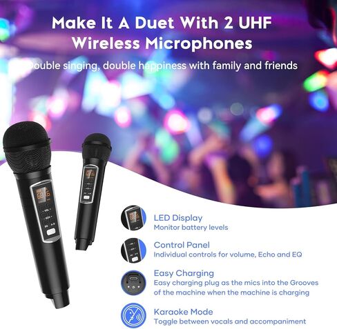 آلة كاريوكي BIGASUO للبالغين والأطفال مكبر صوت بلوتوث محمول مع 2 ميكروفونات لاسلكية UHF أضواء LED نظام الغناء PA للمنزل وحفلات الزفاف والكنيسة والنزهة الخارجية/الداخلية KA215 in Kuwait