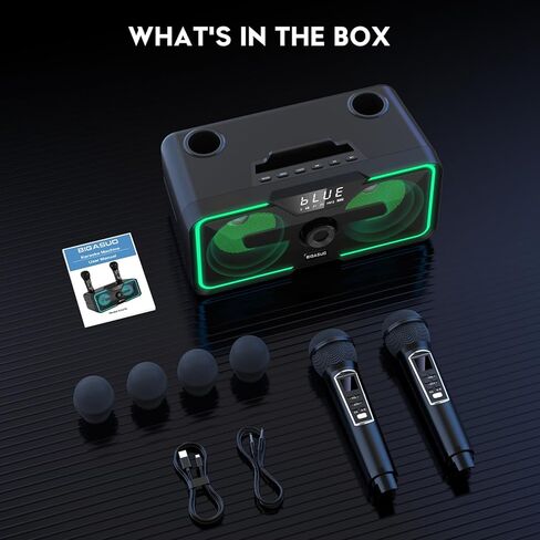 آلة كاريوكي BIGASUO للبالغين والأطفال مكبر صوت بلوتوث محمول مع 2 ميكروفونات لاسلكية UHF أضواء LED نظام الغناء PA للمنزل وحفلات الزفاف والكنيسة والنزهة الخارجية/الداخلية KA215 in Kuwait