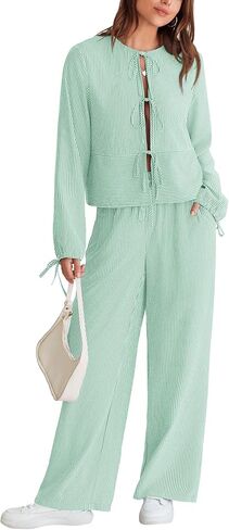 Yousify ملابس نسائية مكونة من قطعتين مخططة بأكمام طويلة وربطات أمامية وسراويل واسعة الساق أطقم صالة PJ ملابس نوم 2024 in Kuwait