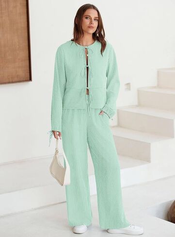 Yousify ملابس نسائية مكونة من قطعتين مخططة بأكمام طويلة وربطات أمامية وسراويل واسعة الساق أطقم صالة PJ ملابس نوم 2024 in Kuwait