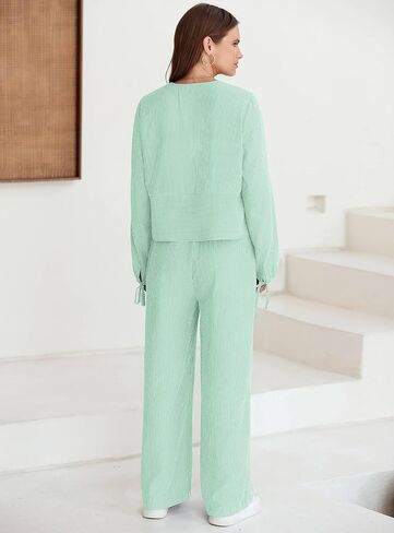 Yousify ملابس نسائية مكونة من قطعتين مخططة بأكمام طويلة وربطات أمامية وسراويل واسعة الساق أطقم صالة PJ ملابس نوم 2024 in Kuwait