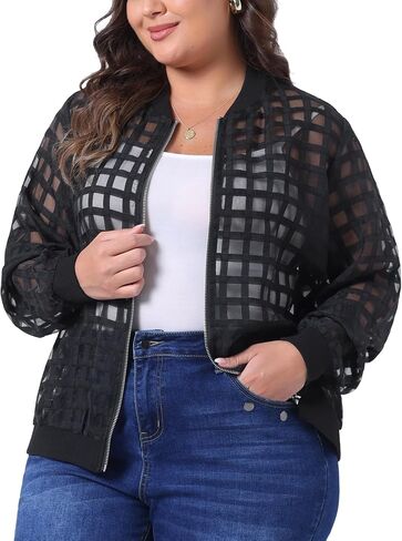Agnes Orinda Mesh Sheer Jackets for Women Plus Size 2025 Fall Fashion See Through Long Sleeve Zip Up Bomber Jacket in Saudi Arabia