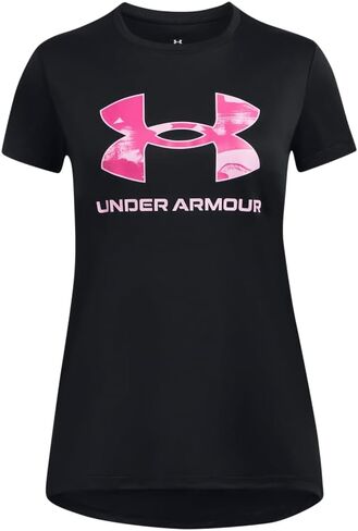 Under Armour Girls' Tech Big Logo كم قصير رقبة دائرية، (015) تيترا جراي / / برتقالي متوهج، صغير in Saudi Arabia