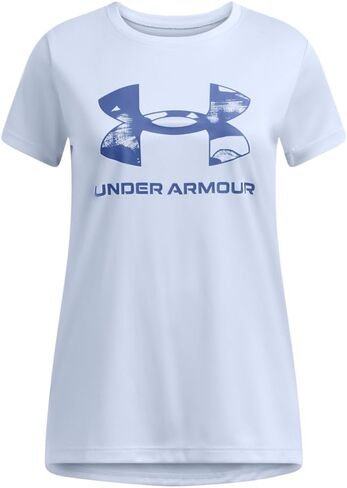 Under Armour Girls' Tech Big Logo كم قصير رقبة دائرية، (015) تيترا جراي / / برتقالي متوهج، صغير in Saudi Arabia