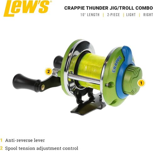 Lew's Crappie Thunder Jig/Troll Reel وصيد الأسماك كومبو، 12 قدم 2 قطعة IM6 جرافيت فارغة، استرجاع اليد اليمنى، Crappie Thunder Green in Saudi Arabia