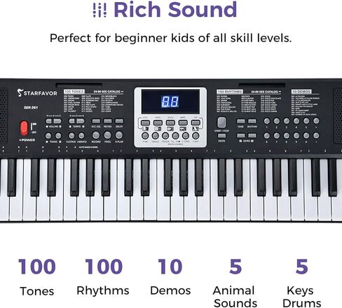 Starfavor 61 Key Kids Electric Keyboard Electronic Piano Small-Sized-Key with Power Supply, Built In Speakers, LED Screen, Microphone, Headphone (SEK-361) Gift for Kids Musical Instrument in Kuwait