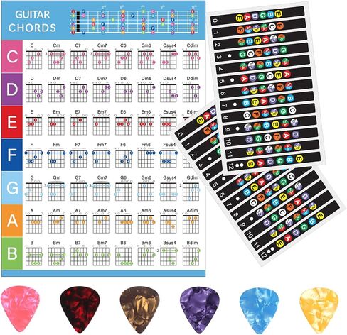 2Pcs Self Adhesive Guitar Fingerboard Stickers,1Pcs Guitar Chord Chart,with 6Pcs Guitar Picks,Two Different Thicknesses Guitar Picks(0.46 0.71mm),Best Guitar learning Tools for Beginner Learner in Saudi Arabia