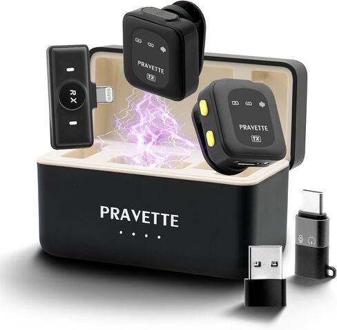 ميكروفون لافالير لاسلكي (1 RX + 2 TX + علبة شحن)، ميكروفون مثبت على طية صدر السترة لإلغاء الضوضاء، 40 ساعة للبث المباشر، والمقابلات، وتسجيل الفيديو، متوافق مع منافذ USB-C/Lightning in Kuwait