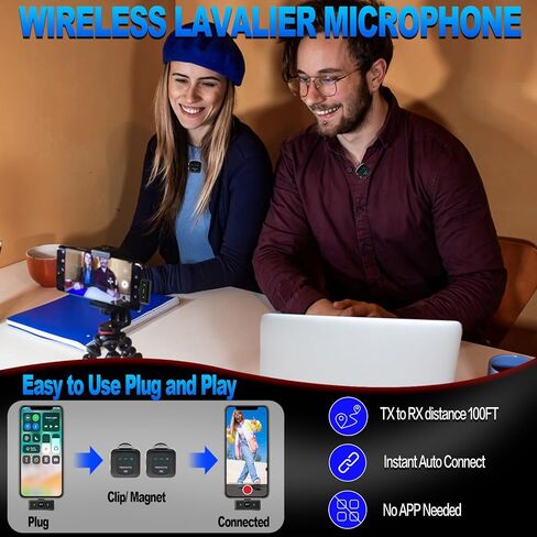 ميكروفون لافالير لاسلكي (1 RX + 2 TX + علبة شحن)، ميكروفون مثبت على طية صدر السترة لإلغاء الضوضاء، 40 ساعة للبث المباشر، والمقابلات، وتسجيل الفيديو، متوافق مع منافذ USB-C/Lightning in Kuwait
