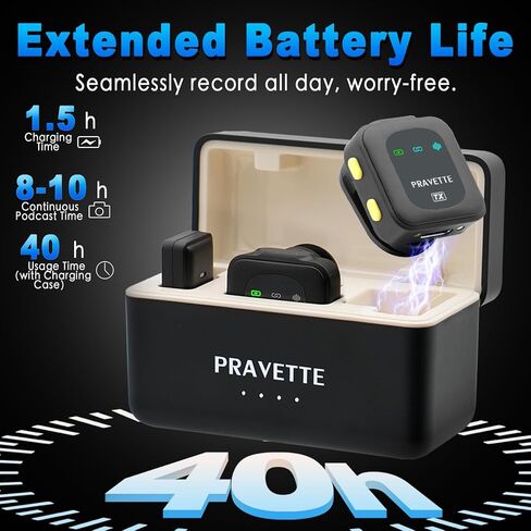 ميكروفون لافالير لاسلكي (1 RX + 2 TX + علبة شحن)، ميكروفون مثبت على طية صدر السترة لإلغاء الضوضاء، 40 ساعة للبث المباشر، والمقابلات، وتسجيل الفيديو، متوافق مع منافذ USB-C/Lightning in Kuwait