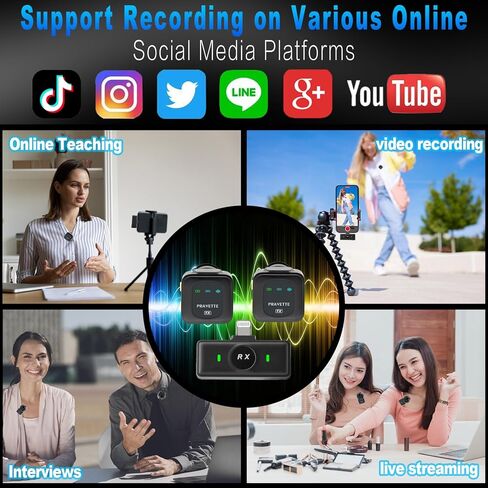 ميكروفون لافالير لاسلكي (1 RX + 2 TX + علبة شحن)، ميكروفون مثبت على طية صدر السترة لإلغاء الضوضاء، 40 ساعة للبث المباشر، والمقابلات، وتسجيل الفيديو، متوافق مع منافذ USB-C/Lightning in Kuwait