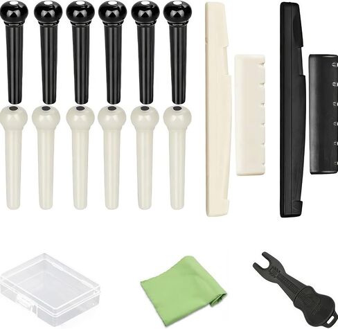 12 قطعة من دبابيس جسر الجيتار الصوتي، قطع غيار وإكسسوارات أوتاد الجيتار، مع مزيل سحب دبوس الجسر، مجموعتان من صامولة سرج جسر الجيتار، قطعة واحدة من قماش التنظيف in Kuwait