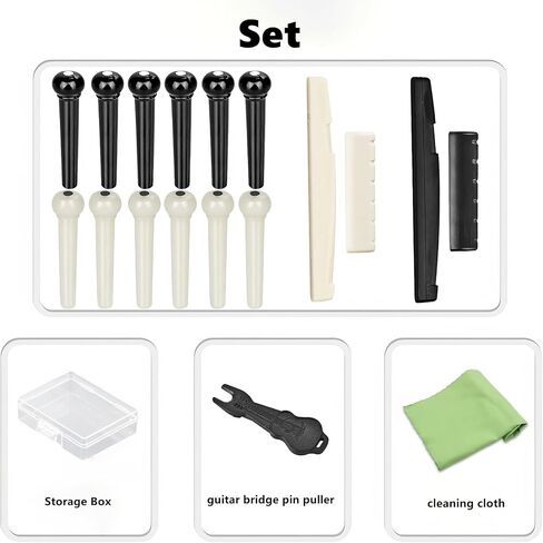 12 قطعة من دبابيس جسر الجيتار الصوتي، قطع غيار وإكسسوارات أوتاد الجيتار، مع مزيل سحب دبوس الجسر، مجموعتان من صامولة سرج جسر الجيتار، قطعة واحدة من قماش التنظيف in Kuwait