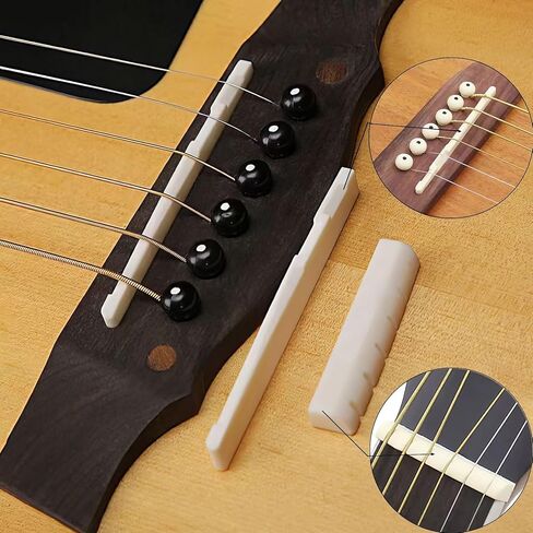 12 قطعة من دبابيس جسر الجيتار الصوتي، قطع غيار وإكسسوارات أوتاد الجيتار، مع مزيل سحب دبوس الجسر، مجموعتان من صامولة سرج جسر الجيتار، قطعة واحدة من قماش التنظيف in Kuwait