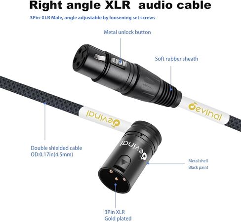 Devinal 360 Degree Rotatable Right Angle XLR Cable, Adjustable-Angle Low-Profile Male XLR to Straight Female XLR Microphone Mic Cable Cord Adapter for Sound Devices Mixer Recorder 1 FT 2 pcs in Saudi Arabia