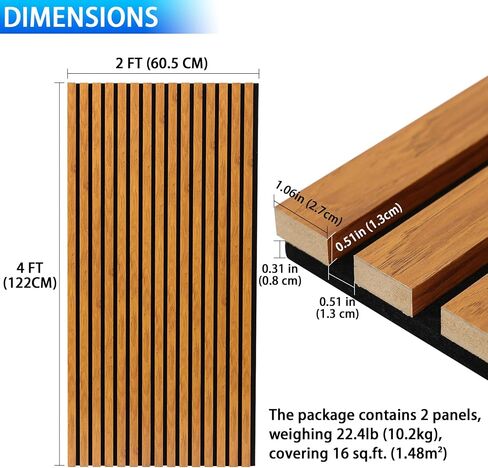 3D Slat Acoustic Wall Panels with Wood Finish Accent, 2 Pack Sound Absorbing Paneling for Studio, Office, Living Room, Bedroom Interior Decor (Natural Walnut, 48''L x 24''W) in Saudi Arabia