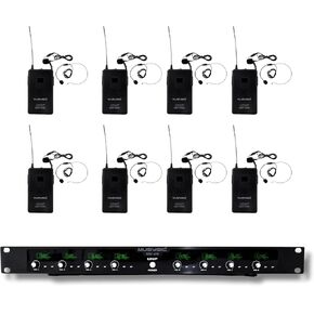 MUSYSIC 8-Channel Professional Wireless UHF Microphone System, 300ft Range Fixed Frequency Bodypack Headset/Lapel Microphones for Singing, Karaoke, Church, DJ (Frequency Set 2)