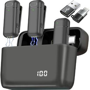 2 Pcs 3 in 1 Wireless Lavalier Microphones for iPhone iPad USB C Android Laptop with Charging Case, Clip on Lapel Mic Plug-Play Cordless Mini Mic for Video Recording Vlogging, YouTube, Interview