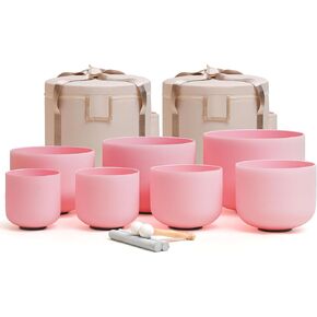 432HZ 6-12 Inch Pink Color Frosted Quartz Crystal Singing Bowls Chakra Set of 7 with Carry Case Bags for Sound Healing and Meditation