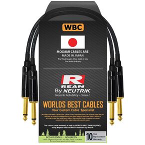 WORLDS BEST CABLES 2 Units - 9 Inch -Pedal, Effects, Patch, Guitar Instrument Cable Custom Made Made Using Mogami 2319 Wire and Neutrik-Rean NYS224BG Gold ¼ inch (6.35mm) TS Plugs