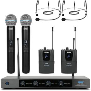 4-Channel Wireless Microphone System - 250Ft Range, Metal Mics & Receiver, Fixed Frequency Cordless Microphones Ideal for Events and Live Performance