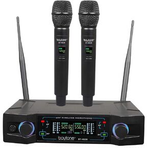 Boytone BT-46UM Wireless Microphone System, Dual UHF Cordless Mic Set, Long Distance 150-200Ft,16 Hours Continuous, Fixed Frequency, for Karaoke Singing, Church, Aluminum Carrying Cases, 110/220V