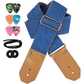 LEKATO Guitar Strap with Cowhide Leather Ends Western Denim Straps for Acoustic Electric Bass Guitar Includes 6 Picks & Strap Locks & Headstock Tie Best Gift for Men Women Guitarists And Musicians