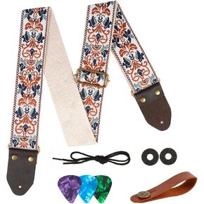 Guitar Strap,Jacquard Embroidered Cotton Guitar Straps with Real Leather Ends for Acoustic Guitars