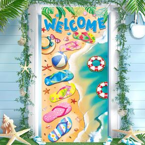 Welcome Summer Porch Banner Flip Flops Front Door Hanging Banner Hawaiian Porch Sign Welcome Hanging Banner Welcome Summer Door Banner Decorations for Garden Yard Flip Flops Beach Themed Luau Party Decor