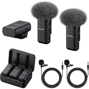 Sony Dual-Channel Wireless Microphone ECM-W3 (2 TX + 1 RX + Charging Case) Noise Cancellation, Low-Cut Filter, for iPhone, Android, Camera Bundle with, 2X Turnstile Omnidirectional Lavalier Mics