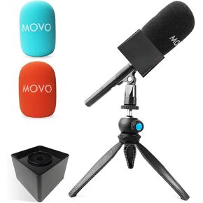 Movo WMX-HM Wireless Interview Microphone Adapter w/Mic Flag and Mic Stand - Compatible with DJI Mic, Rode Wireless GO, Hollyland Lark, and More - for Podcasting, Interviews, and Content Creation