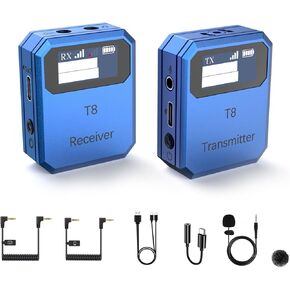 T8 Wireless Lavalier Microphone, 2.4GHz Dual Channel with 100m Range, Noise Reduction, TFT Display, 8-Hour Battery for Online Classes, Vlogging, Streaming, iPhone & Camera Compatible Mic Blue