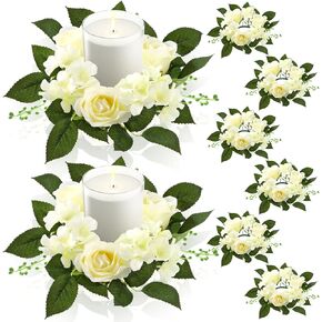 6 Pcs Artificial Rose Candle Rings Wreaths Floral Decor for Candles Fake Small Candle Flower Ring Wreath Candle Holder Wedding Centerpieces for Tables Party Valentine Day Home Dinner Decoration