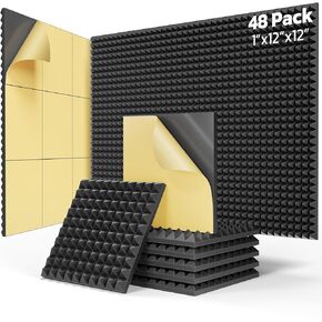 Upgraded 48 Pack Self-Adhesive Sound Proof Foam Panels for Walls 12" X 12" X 1"， Fast Expand Acoustic Panels with High Density, Pyramid Soundproof Wall Panels for Studio and Home Noise Reduction Black
