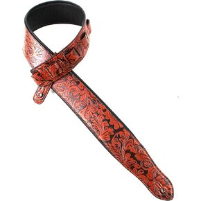 Walker and Williams G-970 Handmade Bourbon Brown Embossed Western Sheridan Design Guitar Strap with Padded Glove Leather Back for Acoustic, Electric, and Bass Guitars